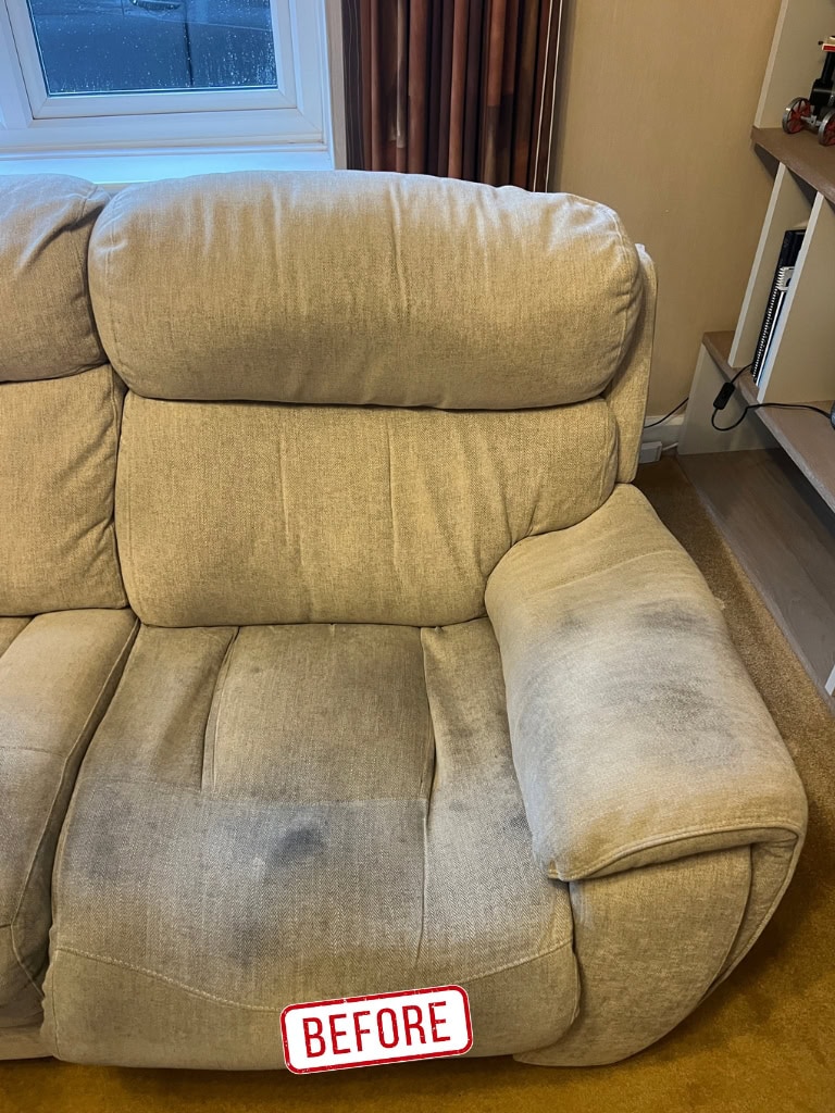 dirty sofa before upholstery cleaning in Redditch showing stains and marks