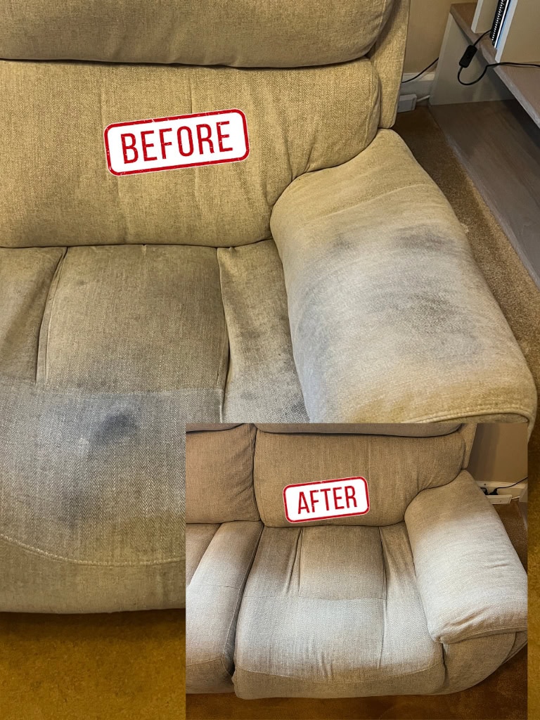 Sofa before and after professional upholstery cleaning in Wednesbury