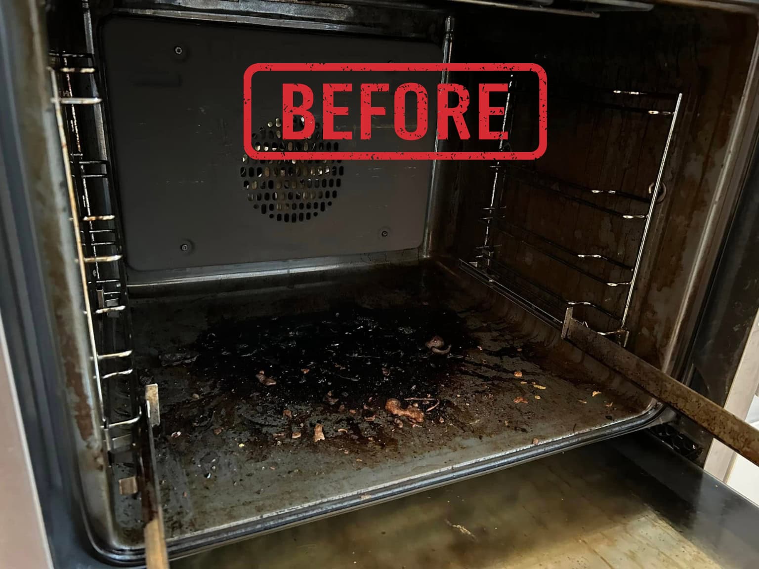 oven cleaning Shirley 3 Before professional oven cleaning in Shirley showing grease and baked-on residue inside the oven