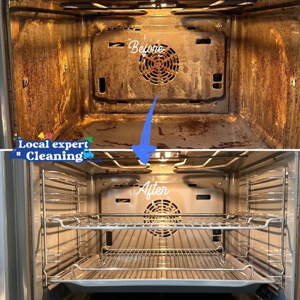 Before and after oven cleaning in Bromsgrove showing the oven interior, door and racks after a detailed clean