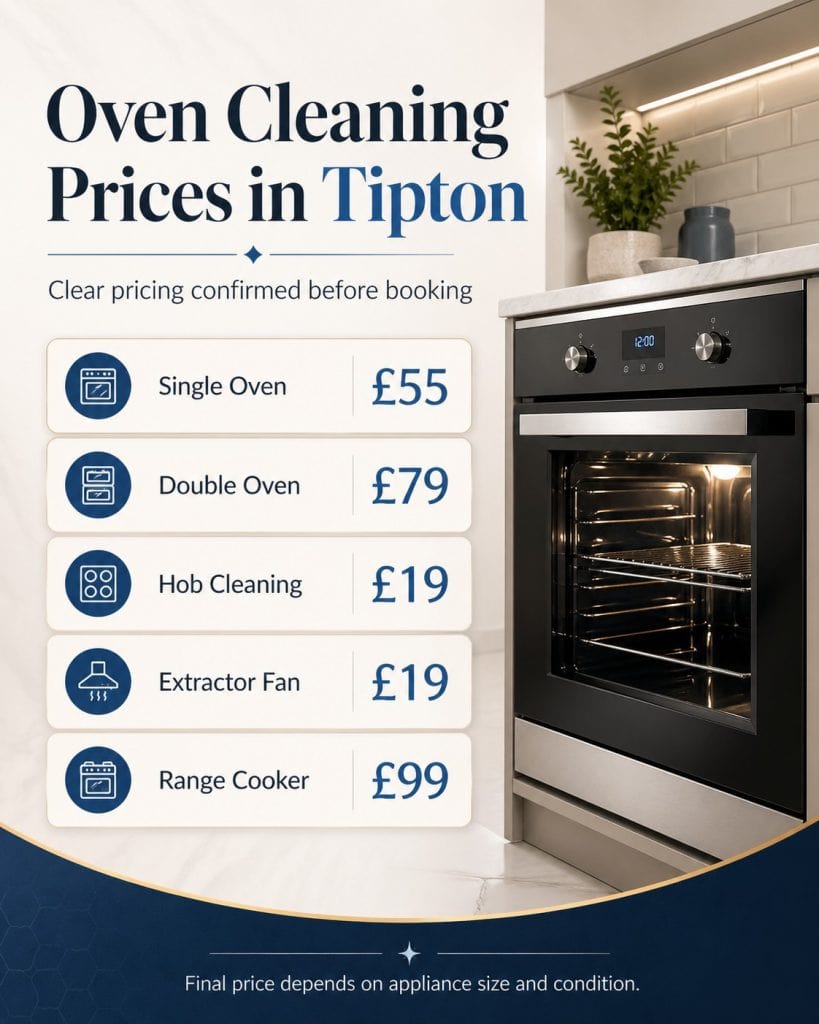oven cleaning Tipton 8 Oven cleaning prices in Tipton showing single oven, double oven, hob cleaning, extractor fan and range cooker cleaning