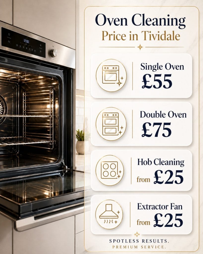 Premium oven cleaning price guide image for Tividale showing single oven £55, double oven £75, hob cleaning from £25 and extractor fan cleaning from £25