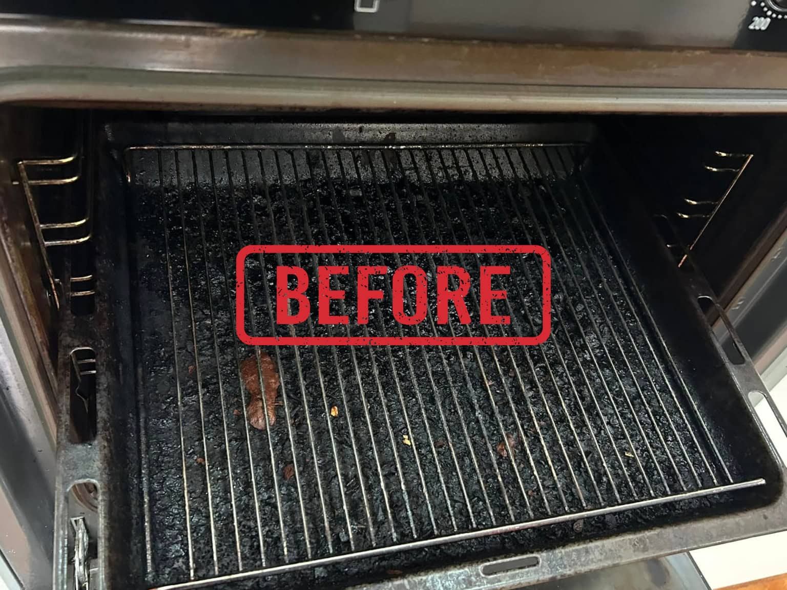 oven cleaning Shirley 5 Before oven tray cleaning in Shirley showing grease and baked-on cooking residue