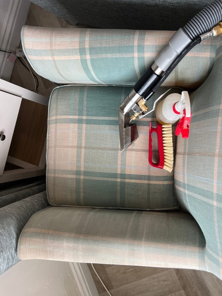 Upholstery Sofa Cleaning Quinton And Halesowen 3 Upholstery cleaning tools including spray bottle, brush and extraction wand in use