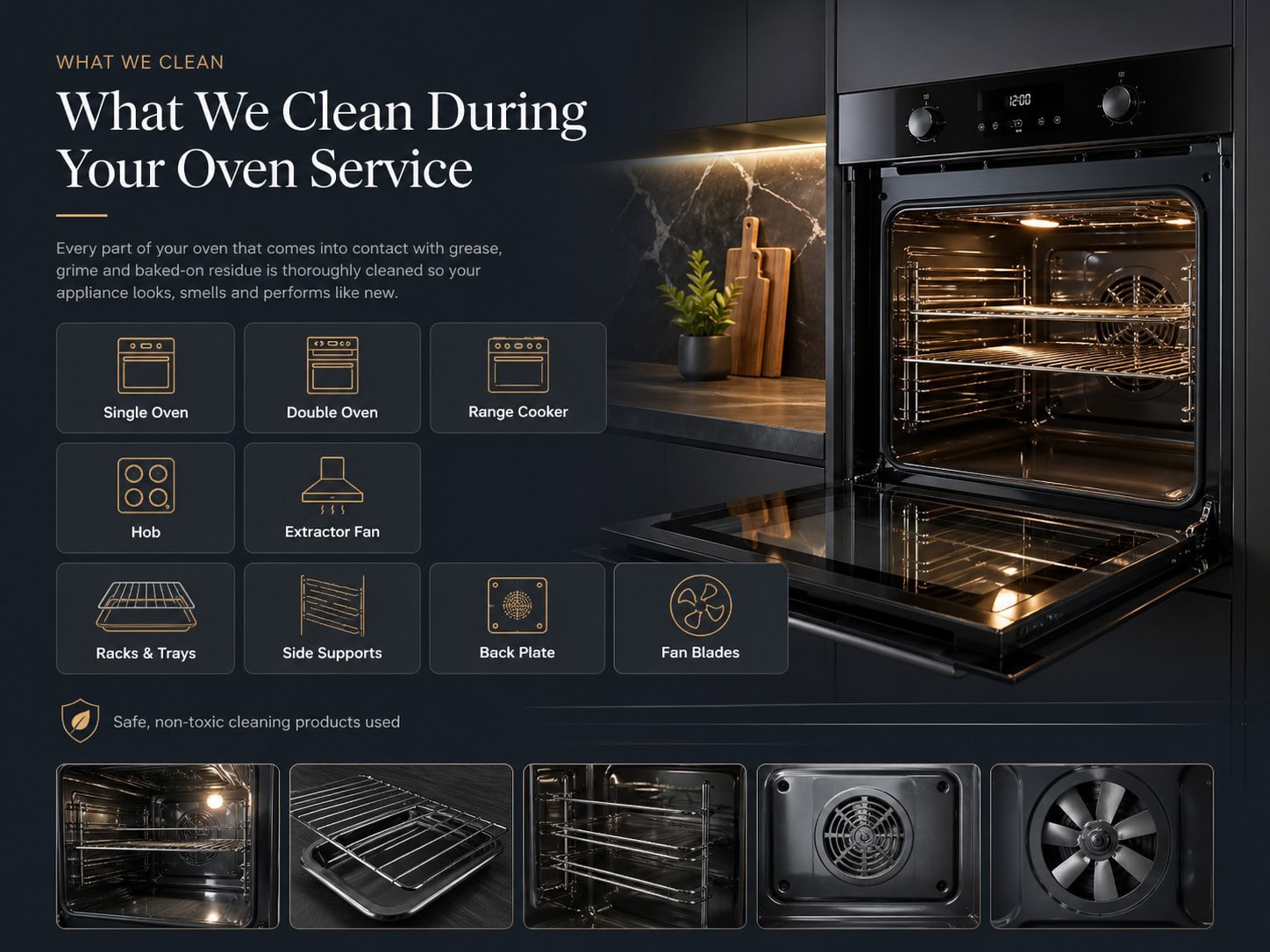 oven cleaning Tipton 2 What we clean during oven service in Tipton including single oven, double oven, range cooker, hob, extractor fan, racks, trays, side supports, back plate and fan blades