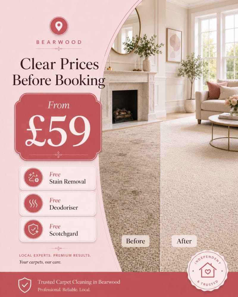 Bearwood carpet cleaning prices from £59 with free stain removal deodoriser and Scotchgard carpet protection