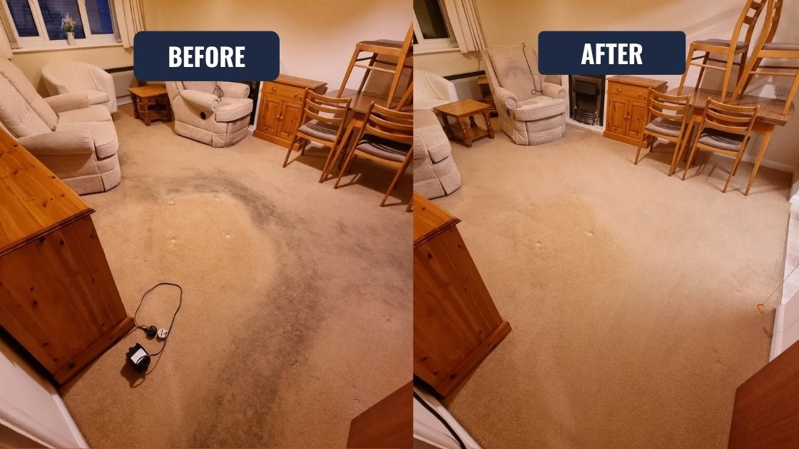 Before and after carpet cleaning in Brierley Hill showing improved carpet appearance after professional cleaning