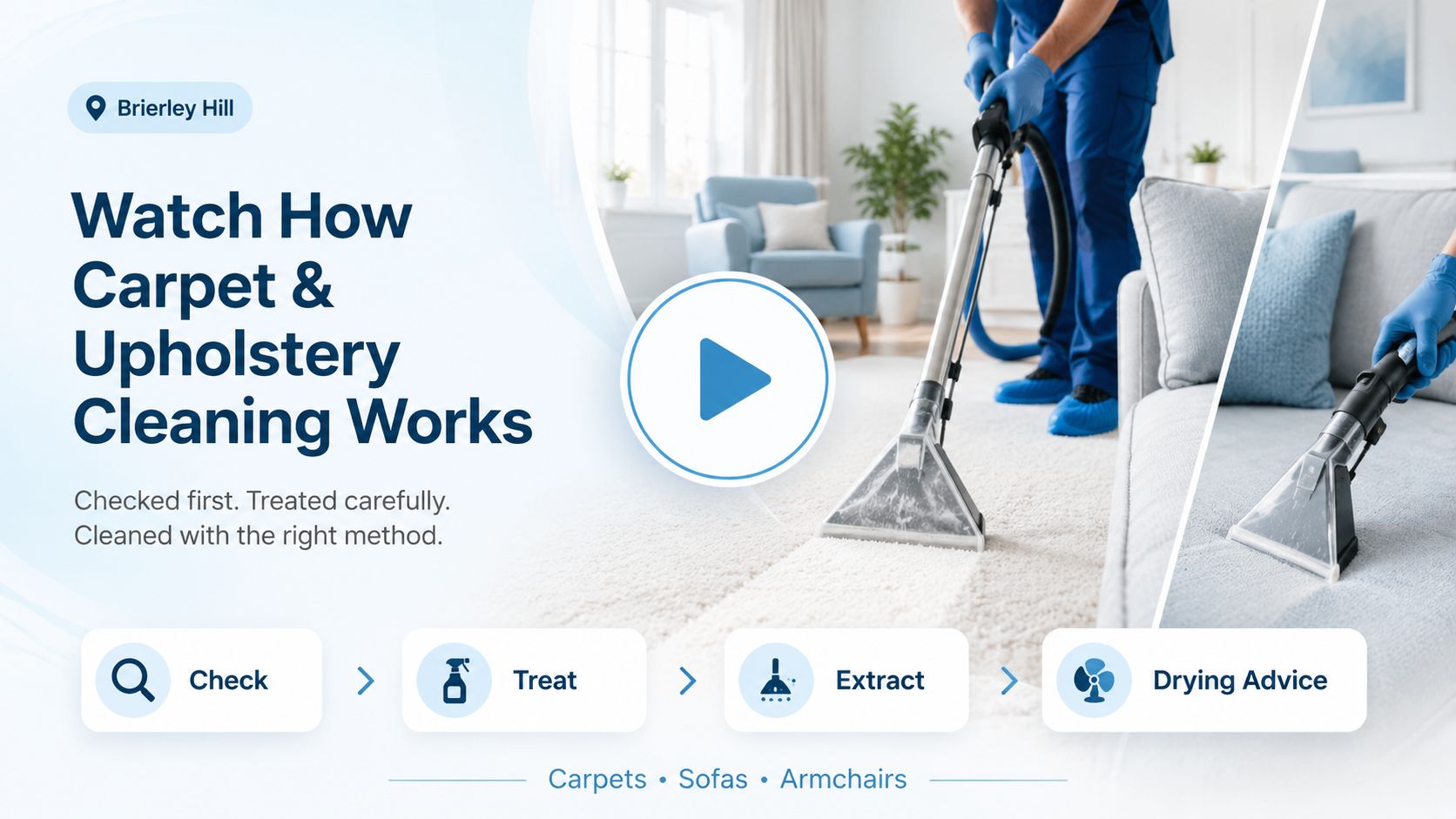 Video thumbnail showing how carpet and upholstery cleaning works in Brierley Hill using professional extraction cleaning