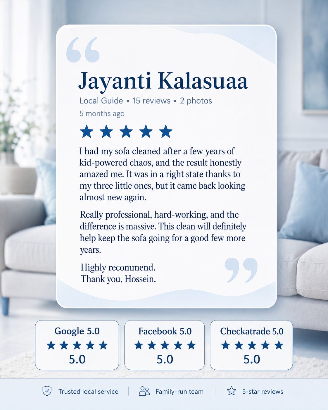 Customer review for carpet and upholstery cleaning in Brierley Hill with 5 star Google Facebook and Checkatrade ratings