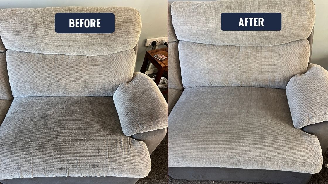 Before and after sofa cleaning in Brierley Hill showing fabric upholstery cleaned with professional extraction equipment