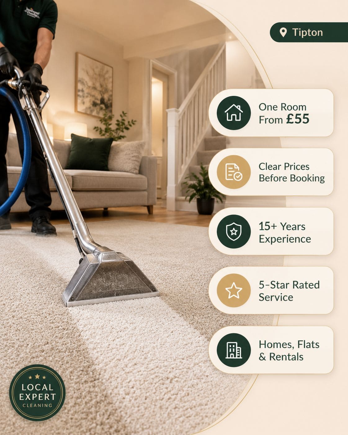 Carpet cleaning in Tipton with clear prices before booking for homes flats stairs and rental properties