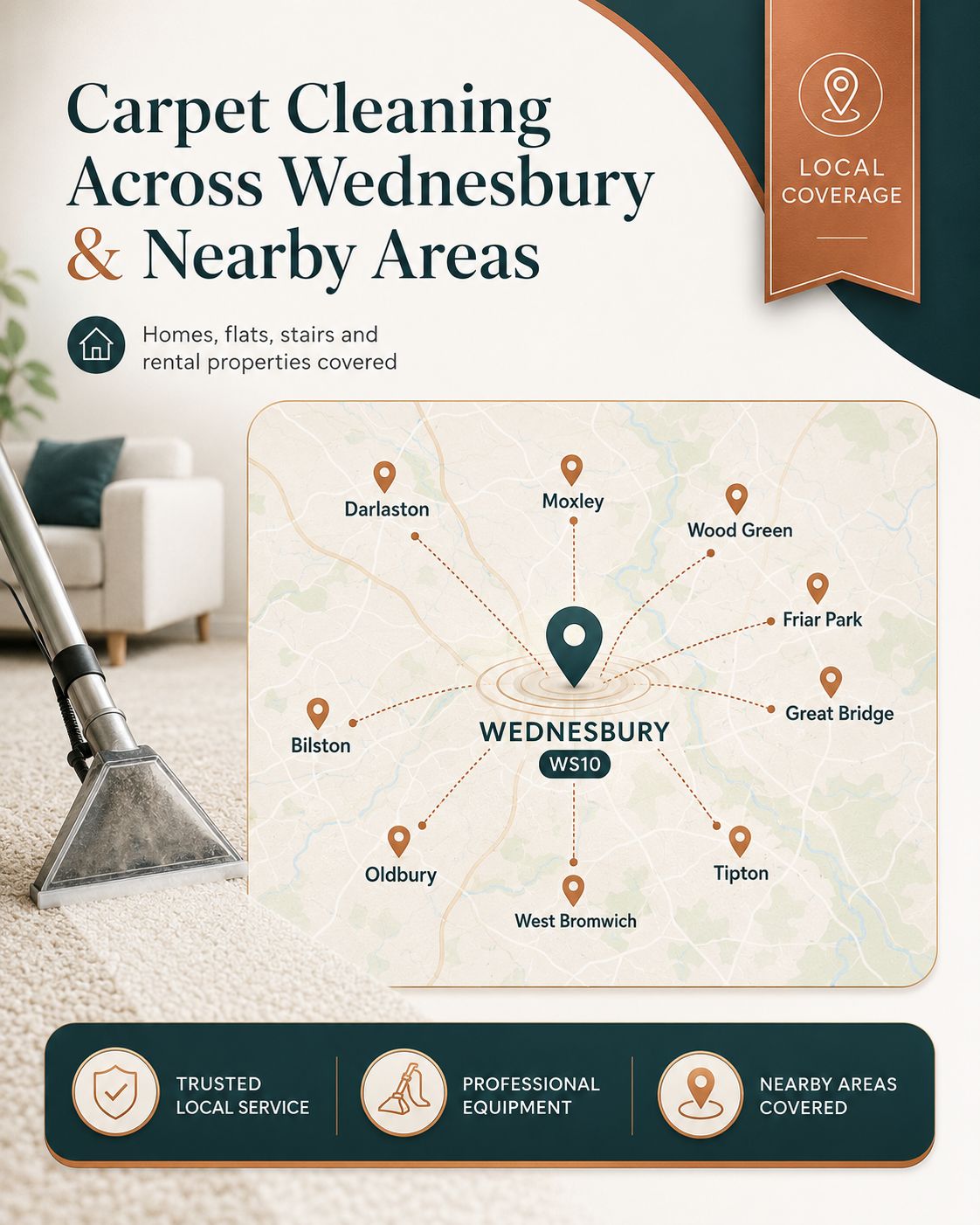Carpet cleaning across Wednesbury and nearby areas including WS10 Darlaston Moxley Wood Green Friar Park Great Bridge Tipton West Bromwich Oldbury and Bilston