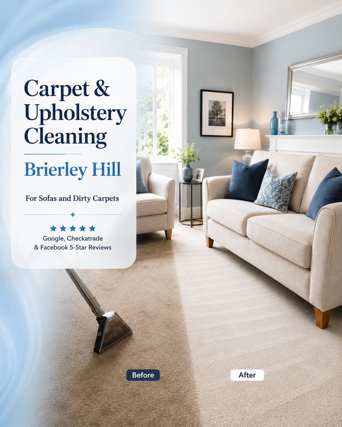 Carpet and upholstery cleaning in Brierley Hill for sofas and carpets that need freshening with before and after carpet cleaning results
