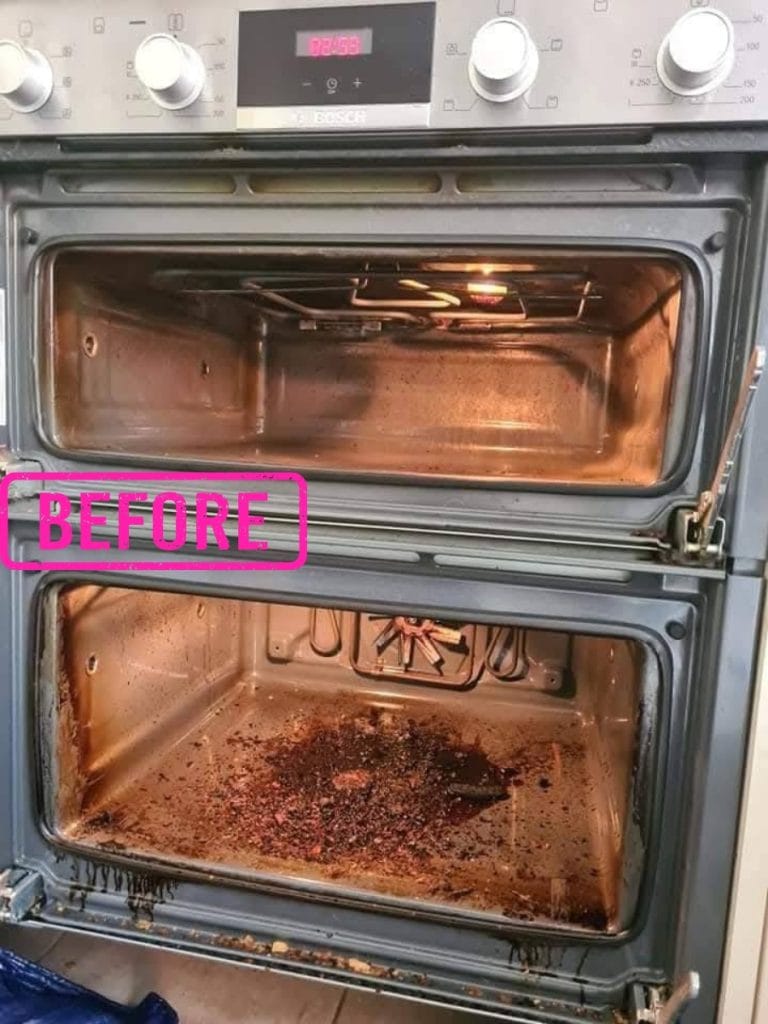 Before double oven cleaning in Redditch showing built-up cooking residue inside the oven