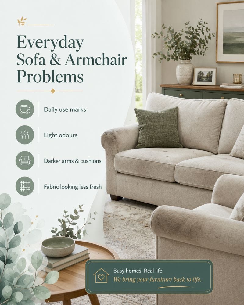 Everyday sofa and armchair problems in Tipton showing marks odours and fabric dirt before upholstery cleaning