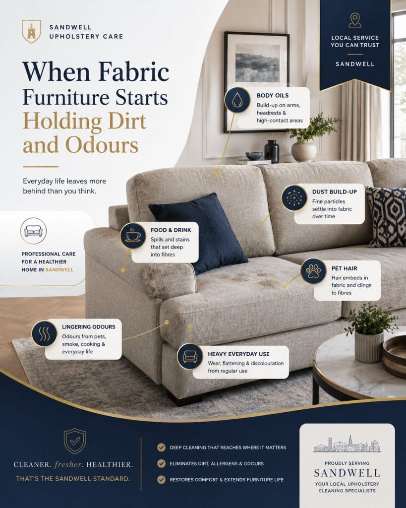 Upholstery Cleaning Sandwell 4 Fabric furniture in Sandwell showing common upholstery problems such as food marks pet hair odours and everyday dirt