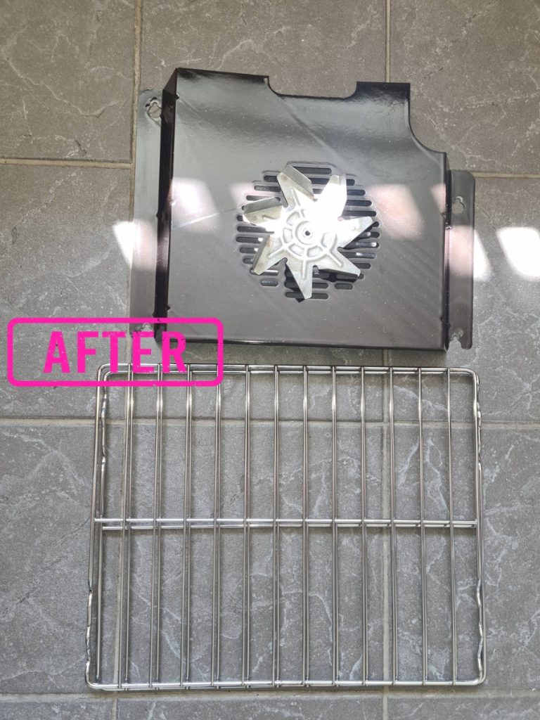 After oven cleaning in Redditch showing the fan blade, back plate and shelf cleaned