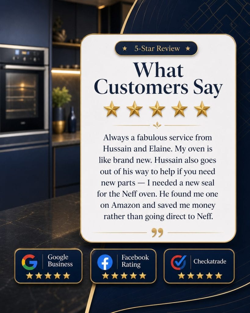 5-star customer review image for oven cleaning in Great Barr showing Google Business, Facebook Rating and Checkatrade trust badges