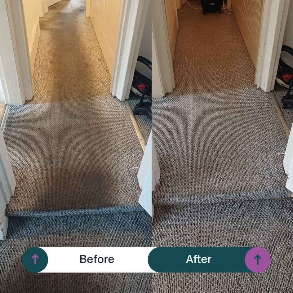 Carpet Cleaning Rubery 2 Hallway carpet cleaning in Rubery showing before and after carpet cleaning results