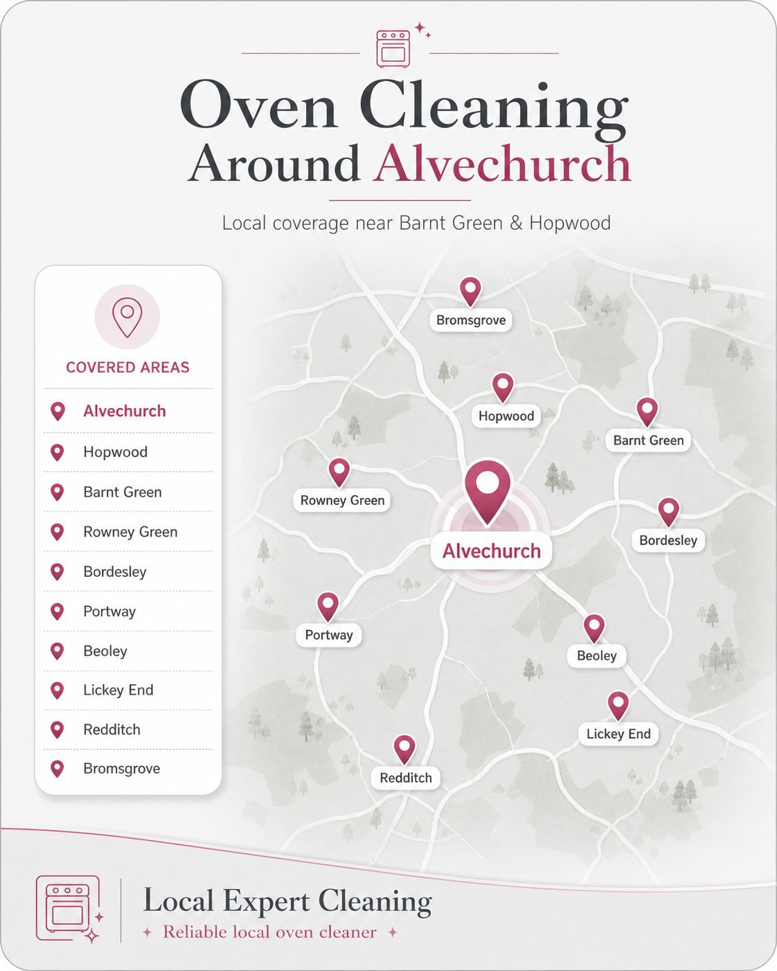 Map showing oven cleaning coverage around Alvechurch, Barnt Green and Hopwood