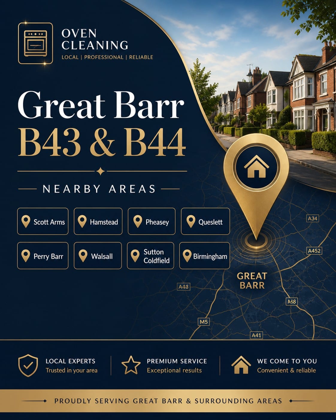 Oven cleaning coverage image for Great Barr B43 and B44 showing nearby areas including Scott Arms, Hamstead, Pheasey, Queslett, Perry Barr, Walsall, Sutton Coldfield and Birmingham