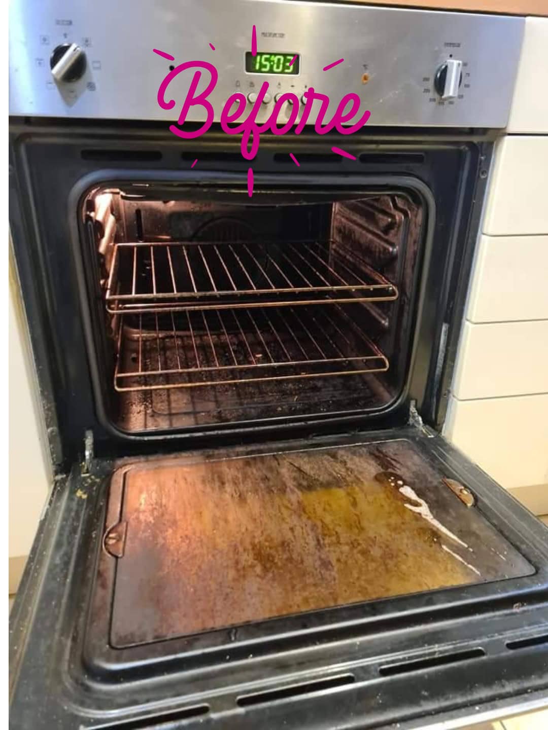 Oven before cleaning in Lickey End showing built-up cooking residue
