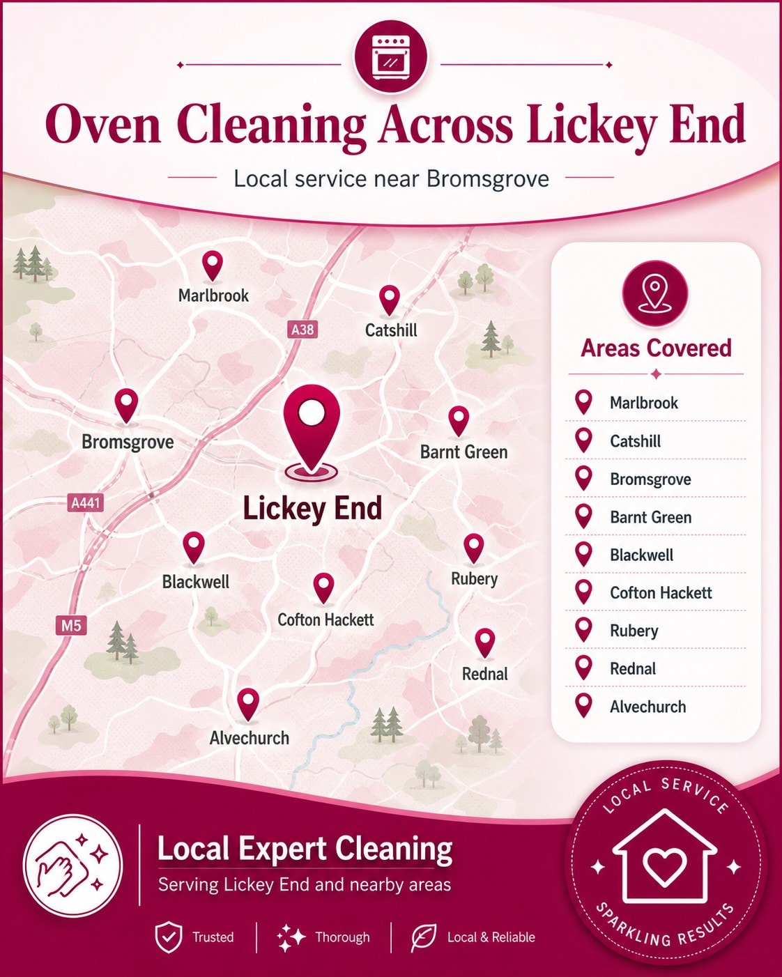 Map showing oven cleaning coverage around Lickey End, Marlbrook and Blackwell