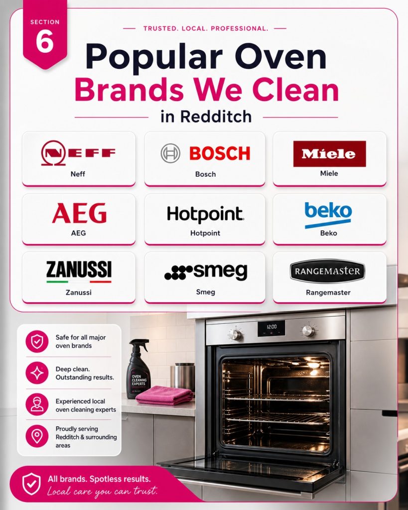 Popular oven brands we clean in Redditch including Neff, Bosch, Miele, AEG, Hotpoint, Beko, Zanussi, Smeg and Rangemaster