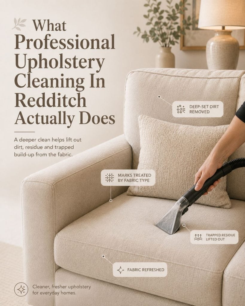 Professional upholstery cleaning in Redditch using hot water extraction to refresh sofa and chair fabric.