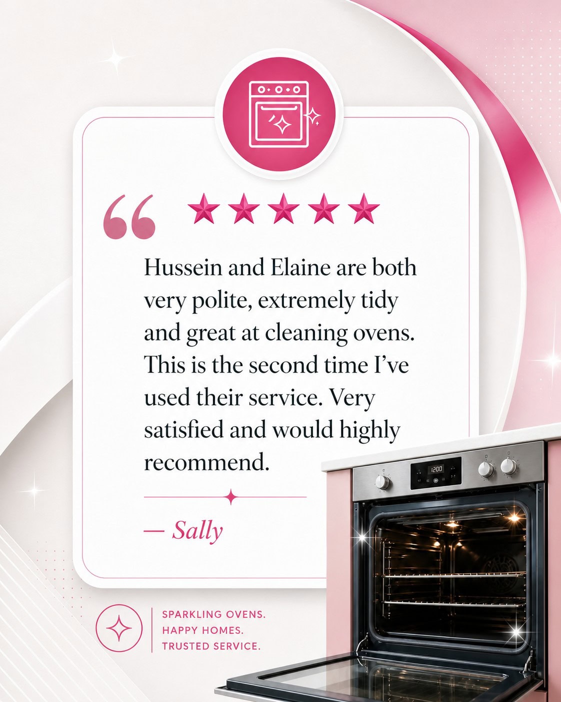 Customer review image for oven cleaning in Redditch featuring 5-star feedback from Sally
