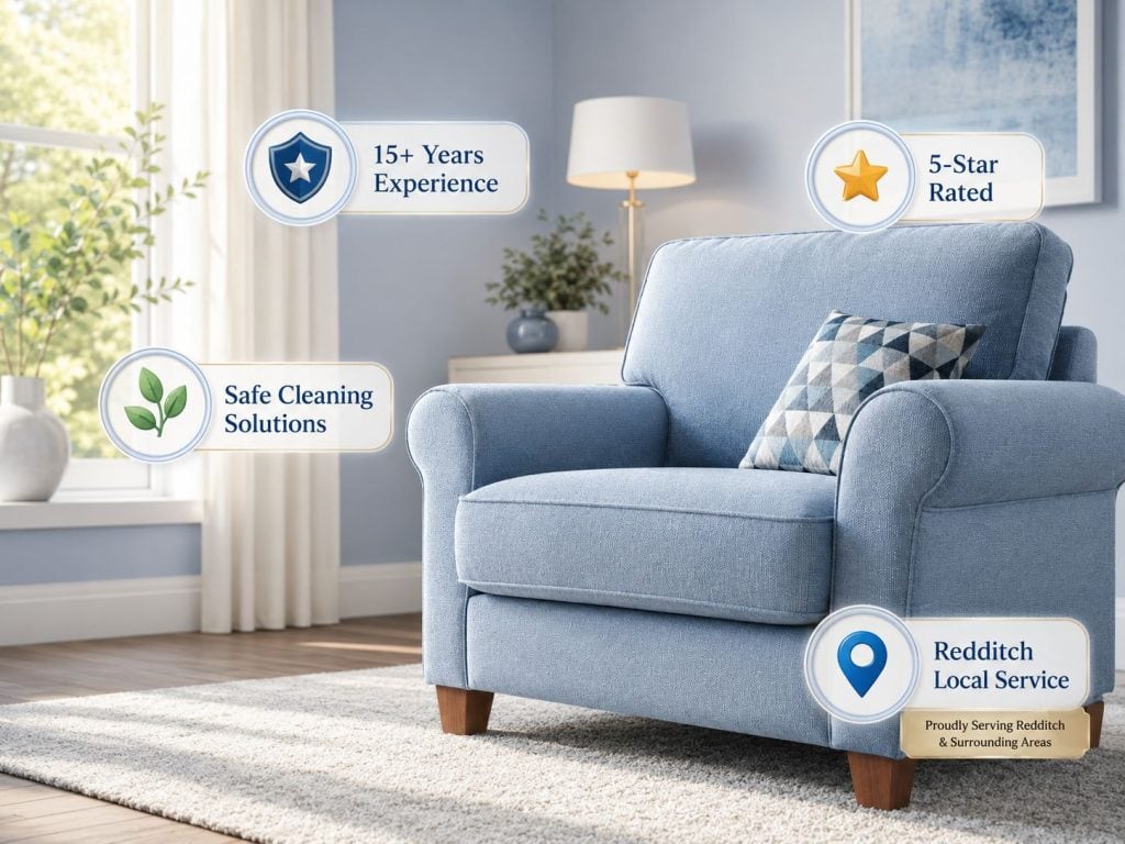 ALT text: Premium upholstery cleaning in Redditch showing a clean blue armchair with 15+ years experience, safe cleaning solutions, 5-star rated service and local Redditch coverage.
