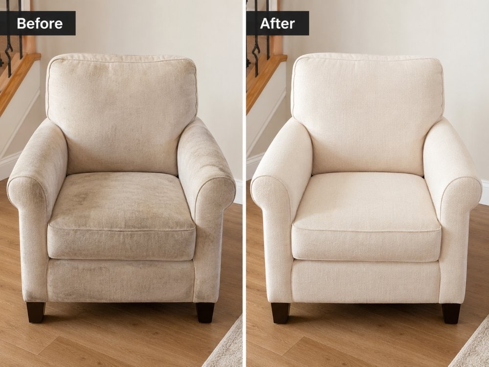 Before and after armchair cleaning in Rubery showing cleaner fabric upholstery after professional cleaning