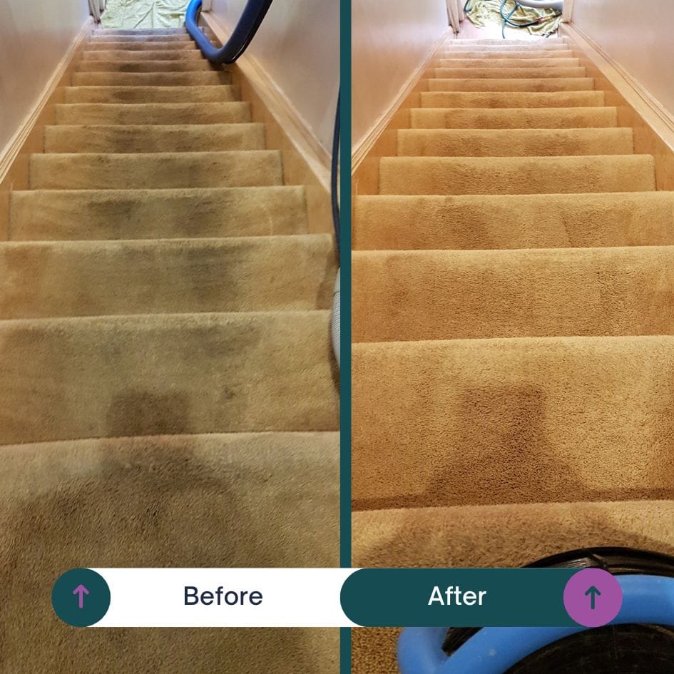 Carpet Cleaning Rubery 3 Before and after stair carpet cleaning in Rubery showing cleaner carpet results