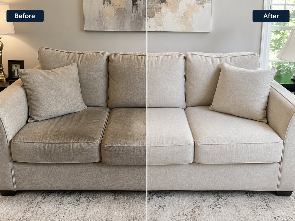 Before and after three seater sofa cleaning in Rubery showing cleaner fabric upholstery after professional cleaning