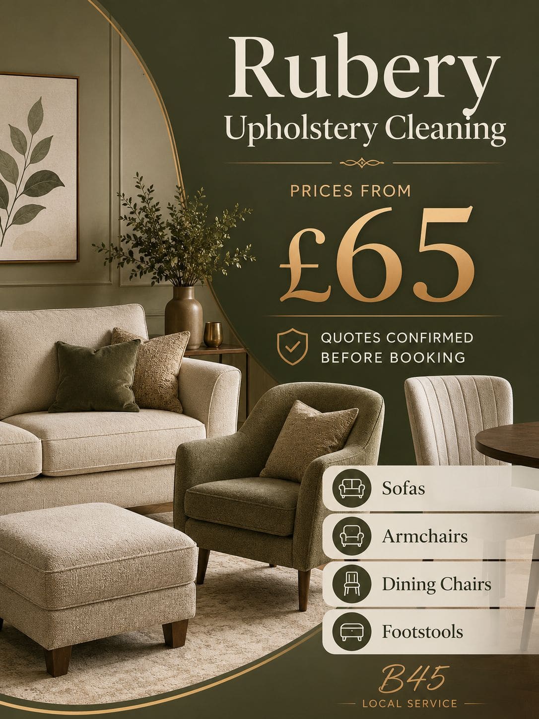 Rubery upholstery cleaning prices from 65 pounds for sofas armchairs dining chairs footstools and fabric furniture