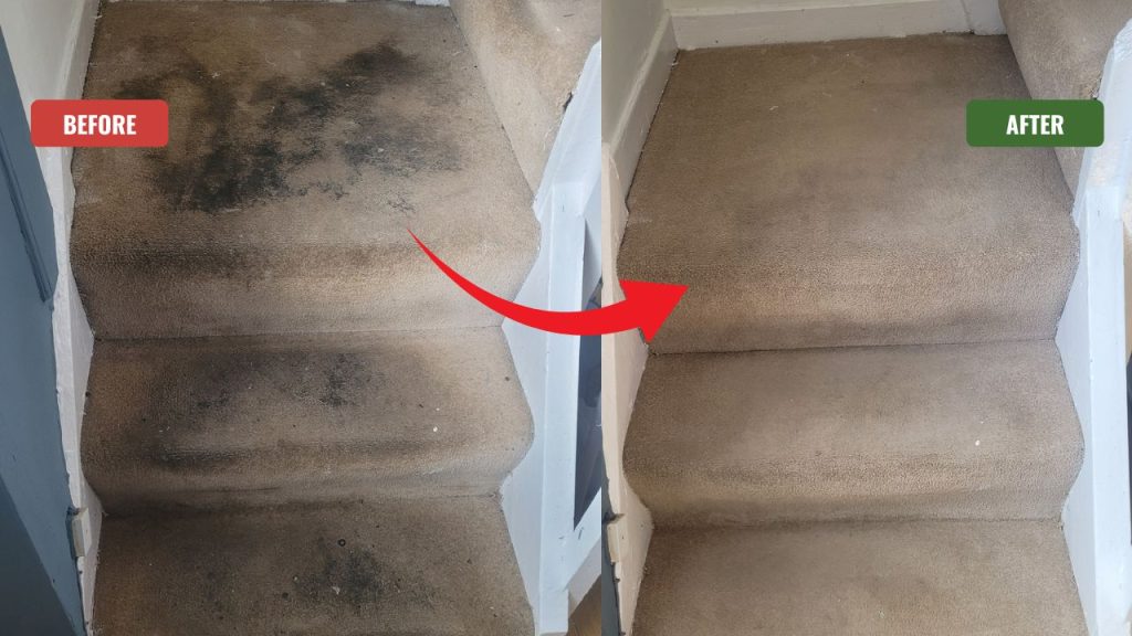 Before and after stairs and landing carpet cleaning in Northfield showing cleaner carpet results
