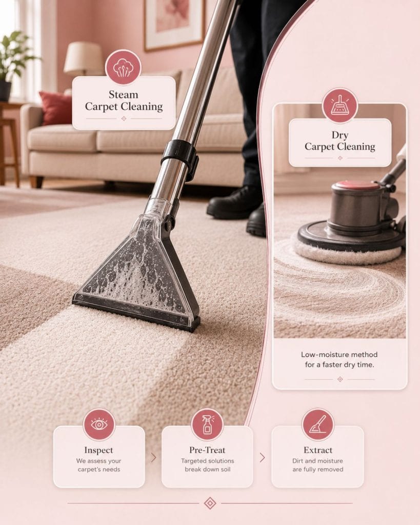 Steam vs dry carpet cleaning in Bearwood showing professional extraction cleaning and carpet cleaning process steps