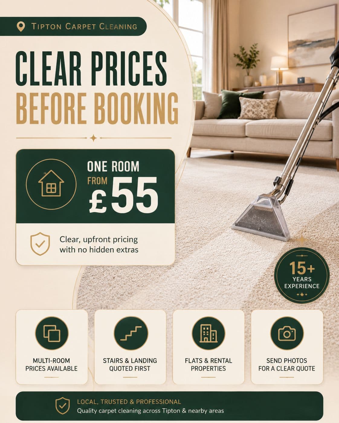 Tipton carpet cleaning prices from £55 with clear prices before booking for rooms stairs flats and rental properties