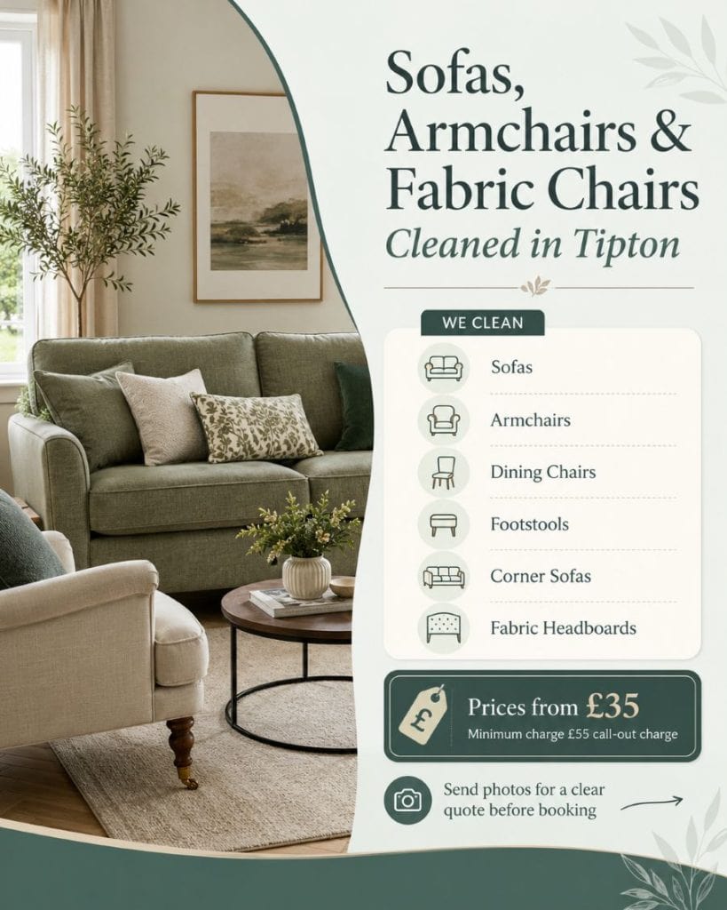 Sofas armchairs and fabric chair cleaning in Tipton with upholstery cleaning prices from £35 and minimum call-out charge information