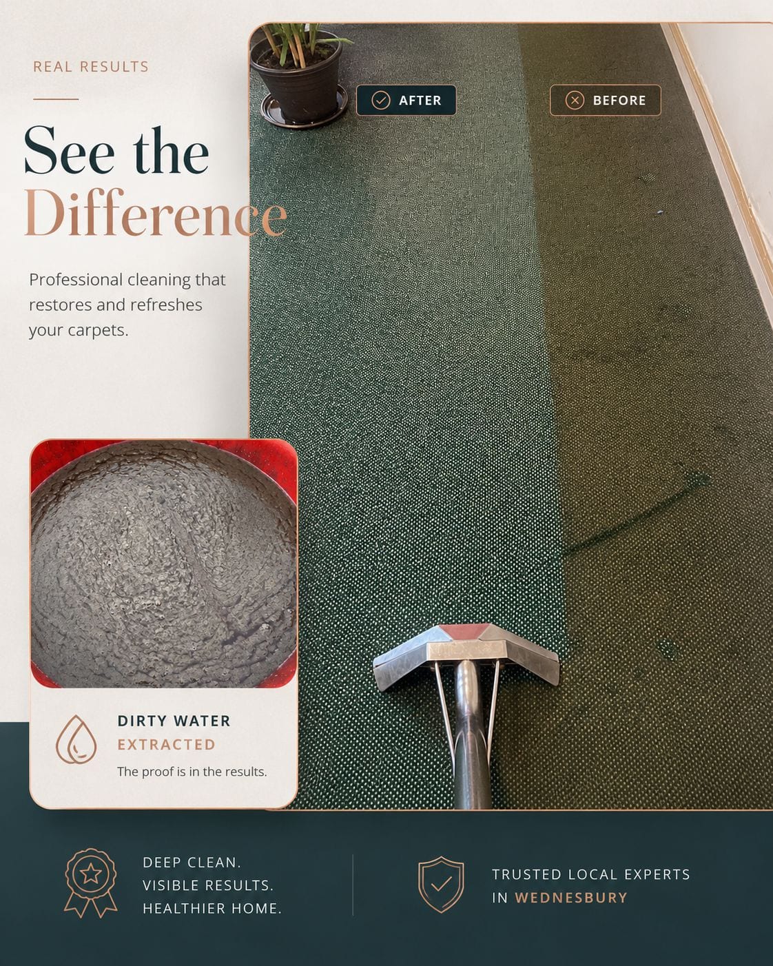 Wednesbury carpet cleaning real results showing before and after carpet cleaning with dirty water extracted