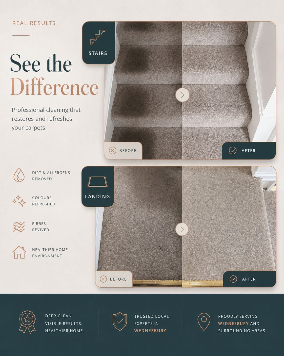 Wednesbury carpet cleaning stairs and landing before and after results showing visible improvement after professional cleaning
