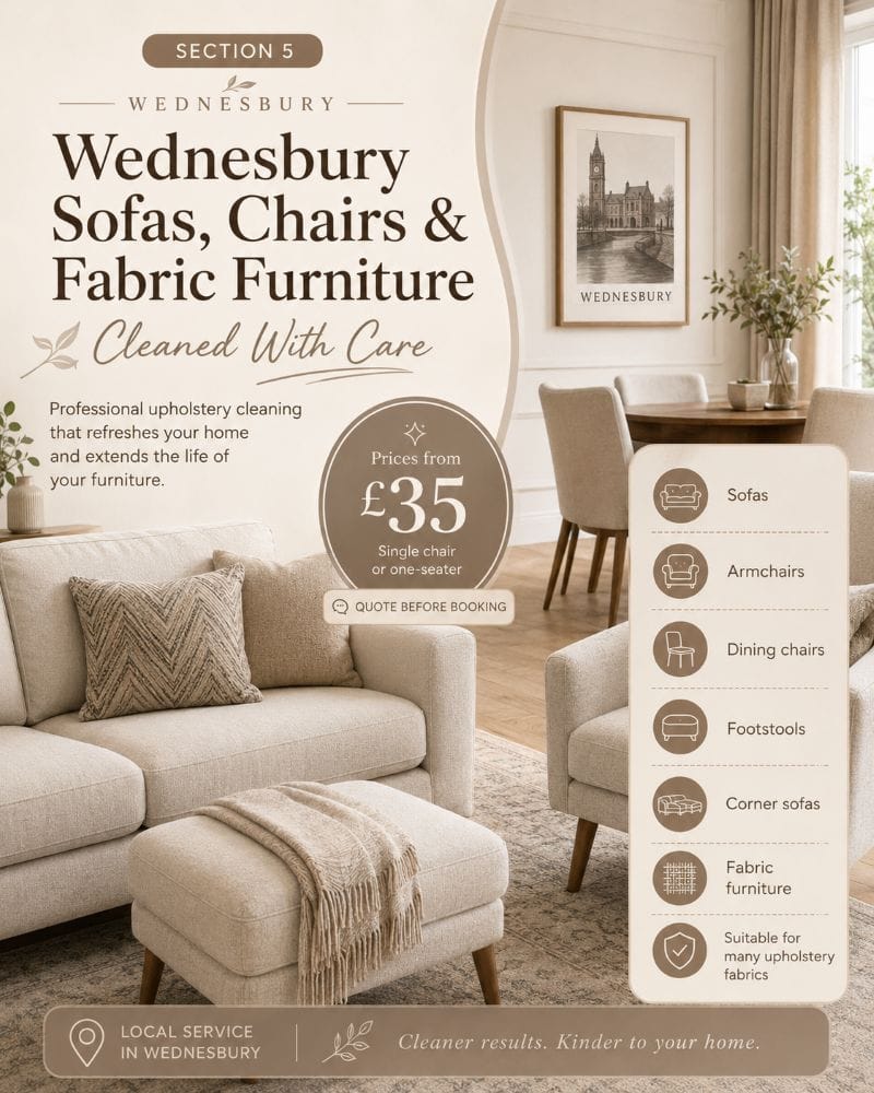Sofa, armchair and fabric furniture cleaning price guide for customers in Wednesbury
