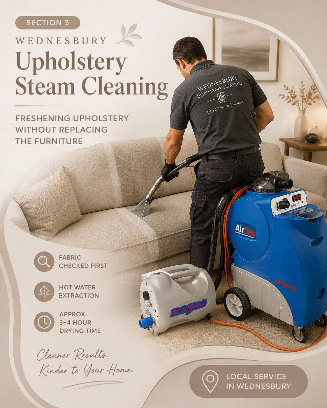 Professional hot-water extraction cleaning on fabric upholstery in Wednesbury