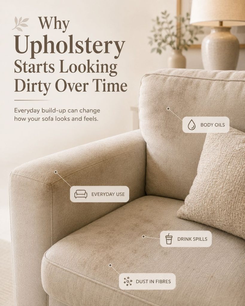 Why upholstery starts looking dirty over time in Redditch showing a beige fabric sofa with everyday dirt, body oils, drink spills and dust trapped in the fibres before professional upholstery cleaning.