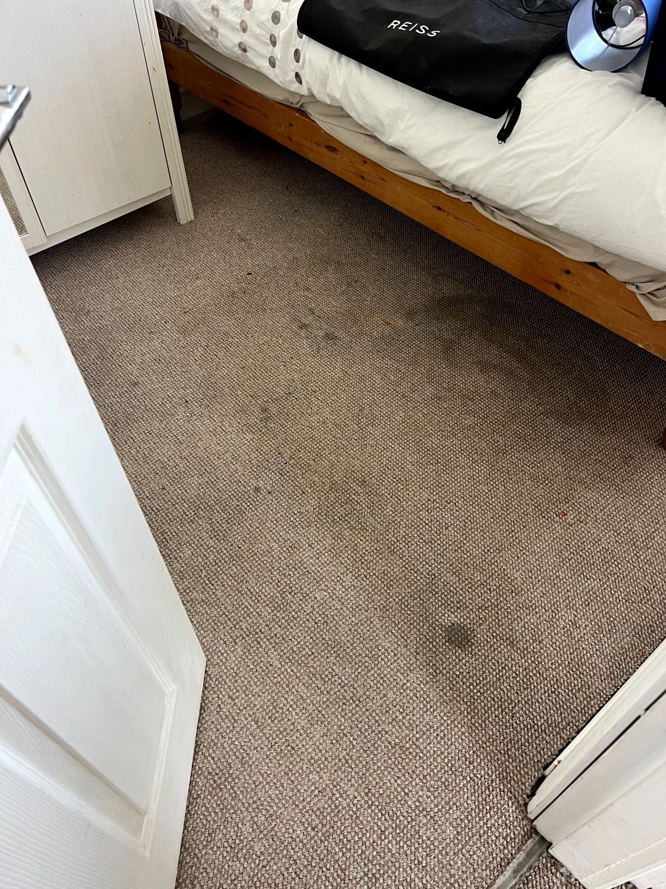 Bedroom carpet before professional carpet cleaning in West Bromwich with visible marks
