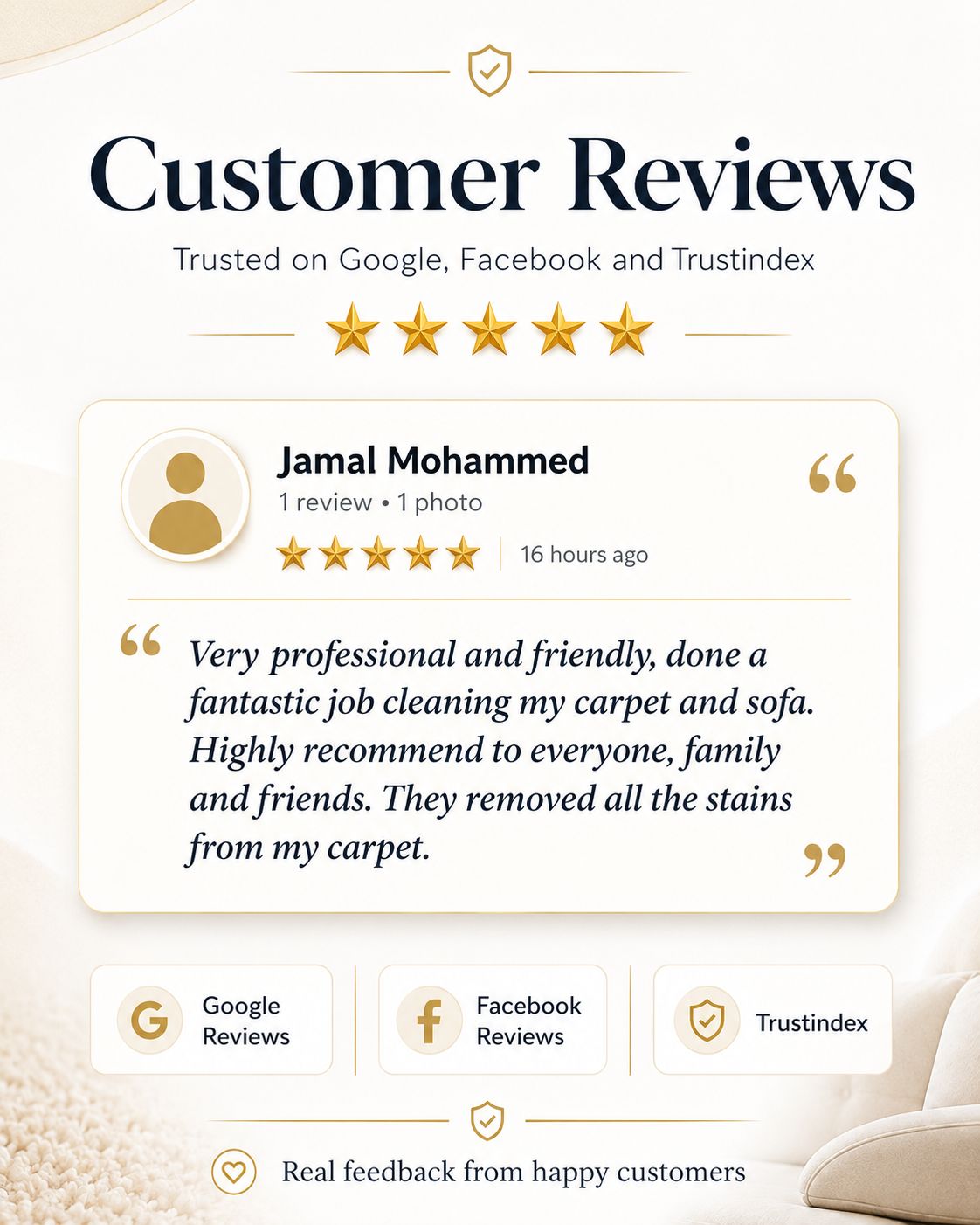 Customer feedback for carpet and upholstery cleaning by Local Expert Cleaning