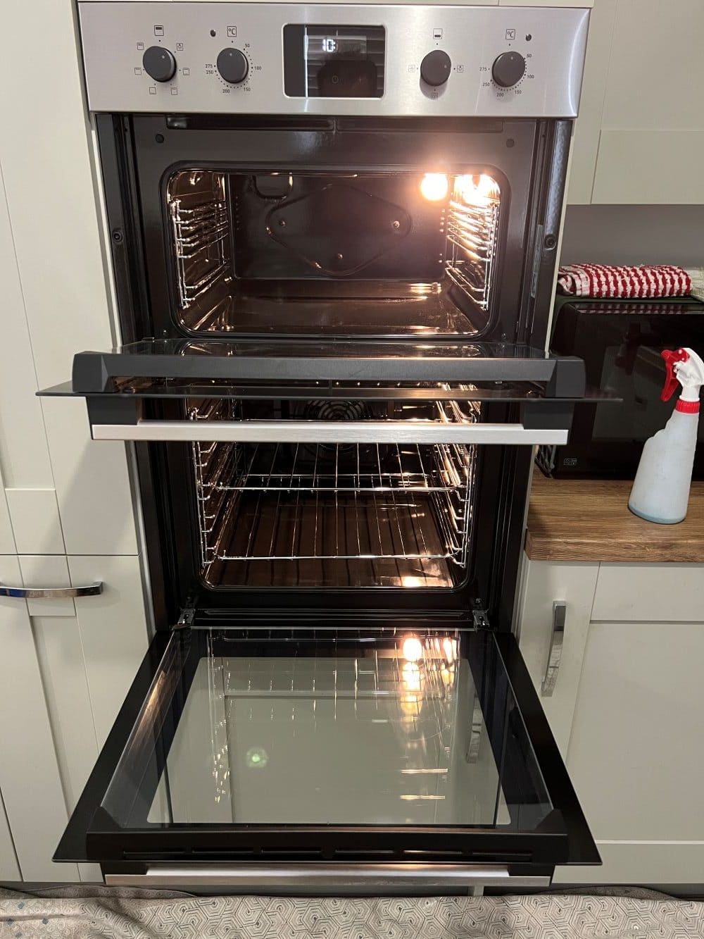 Oven Cleaning Wolverhampton 5 Double oven after cleaning in Wolverhampton with both doors open showing clean interiors