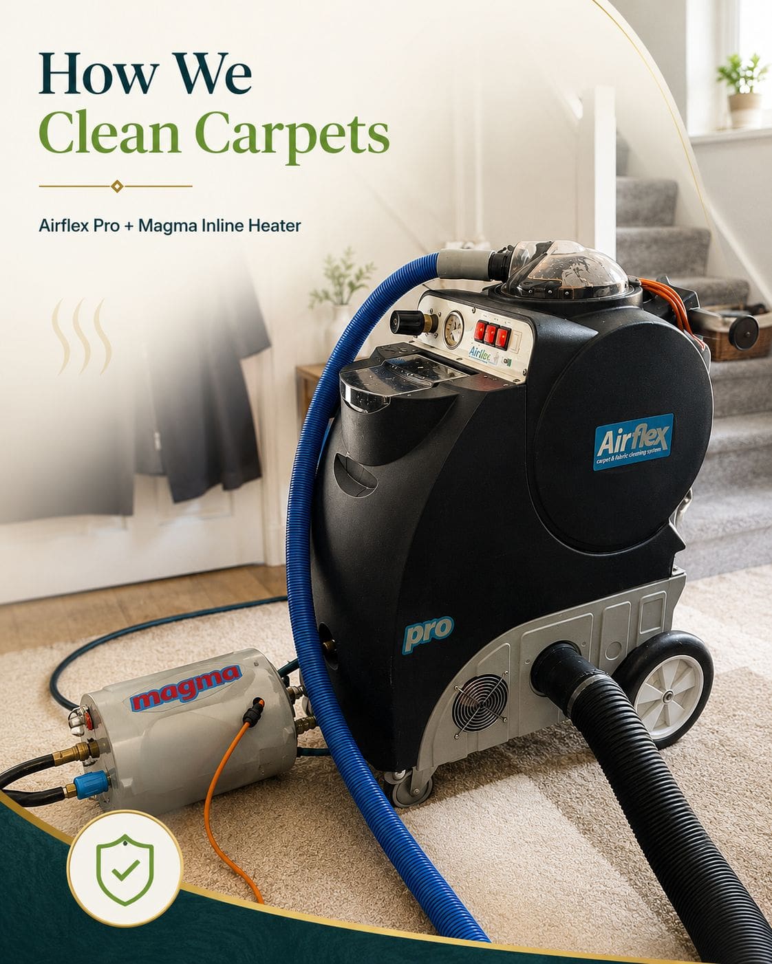 Airflex carpet-cleaning machine and Magma inline heater used for hot-water extraction
