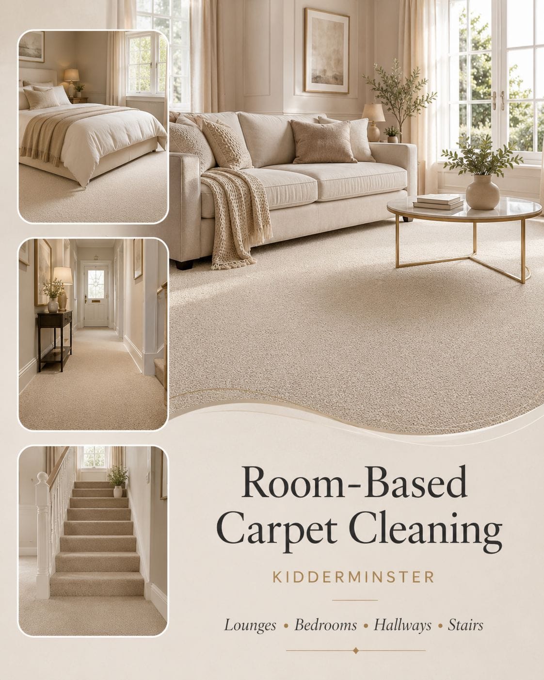 Professional carpet cleaning in Kidderminster for lounges, bedrooms, hallways, stairs and fitted carpets