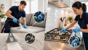 Professional home cleaning showing upholstery cleaning, carpet extraction and kitchen surface cleaning to remove dirt, bacteria and grime.